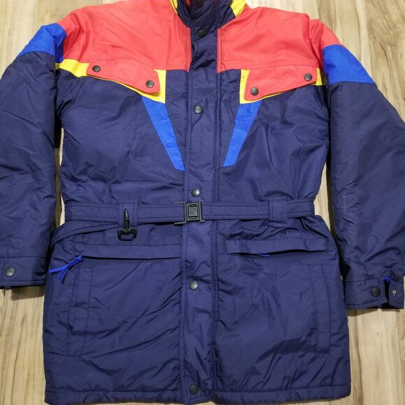 Vintage Colorblock Ski Coat Parka M Mens Retro Streetwear Belted Jacket SASSON - Picture 3 of 11